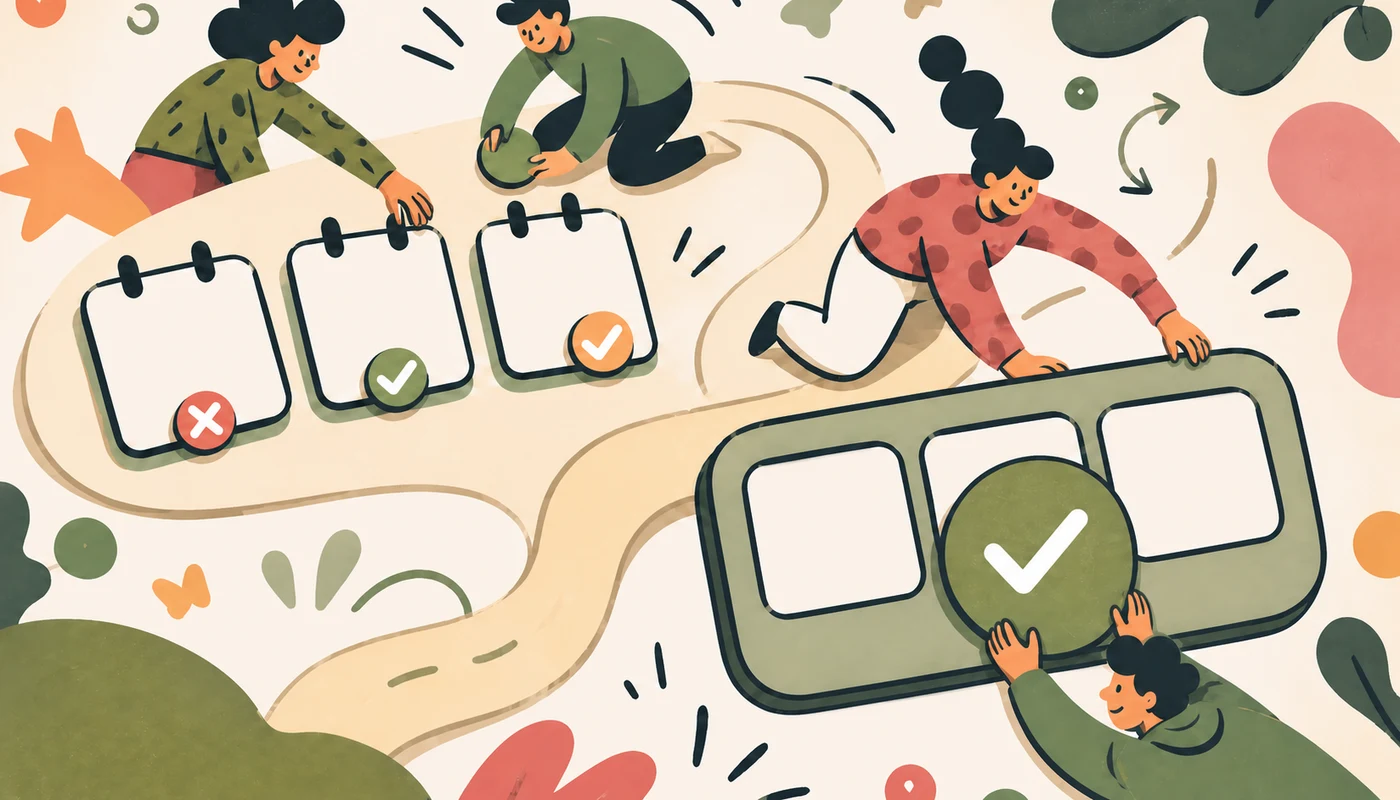 Bunte Illustration: Drei getrennte Kalenderkarten zeigen ein rotes X und zwei Haken; ein verbundener dreiteiliger Zeitraum erhält einen gemeinsamen Haken.