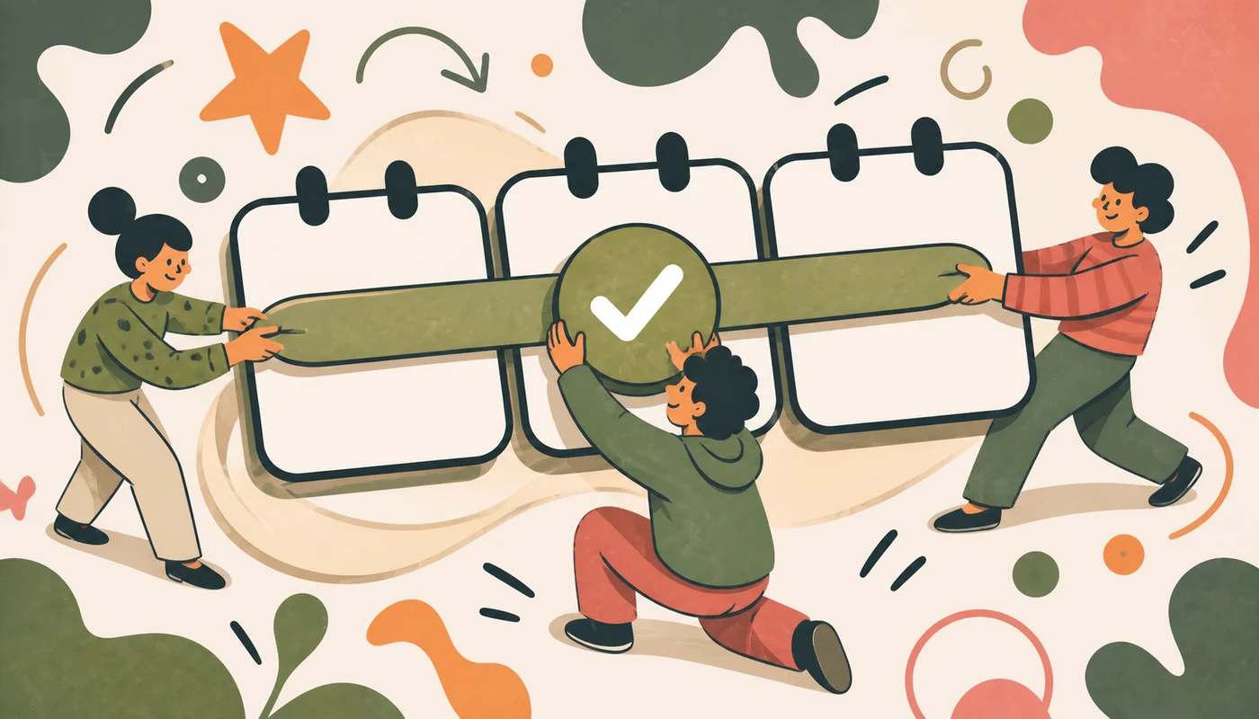 Bunte Illustration: Drei Personen verbinden Kalenderkarten zu einem zusammenhängenden Zeitraum und markieren ihn mit einem Haken.