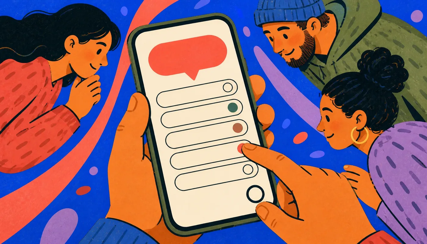 Mehrere Personen wählen auf einem neutral dargestellten Smartphone verschiedene unbeschriftete Antwortoptionen einer Chat-Umfrage aus.