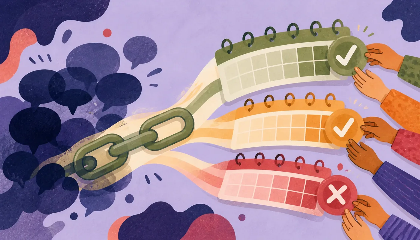 Ein Kettenglied führt aus mehreren dunklen Sprechblasen zu drei vollständigen Kalenderzeiträumen mit grünem Haken, gelbem Haken und rotem X.